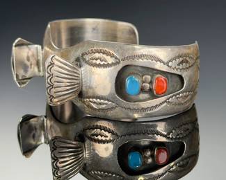 Navajo Silver Turquoise Coral Watch Band Cuff Native American JEWELRY