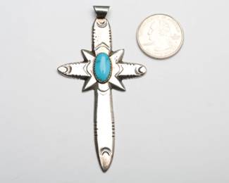 Vintage Navajo Handcrafted Silver Turquoise Cross Pendant 17.28g