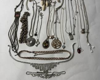 Lot of 21 Silver-Tone Costume Necklaces & Pendants, Mixed Styles