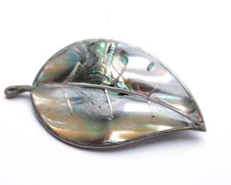 Vintage Mexican Sterling Silver Abalone Leaf Brooch Pin & Clip-on Earrings Set