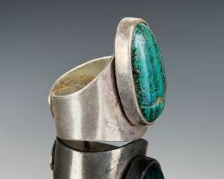 Vintage Mexican Sterling Silver Malachite Adjustable Ring A15 Mexico