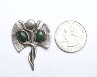 Vintage 1983 Artist Made Silver Abstract Pendant w/ Dark Green Stones