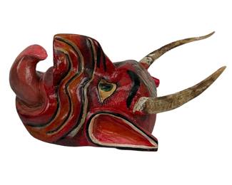 Mexican Folk Art Carved Wood 'Diablo' Devil Mask - Red, Horned, Tongue Out