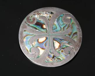 Vintage Sterling Silver Abalone Mexican Pendant Brooch Pin - 2in, 16.3g