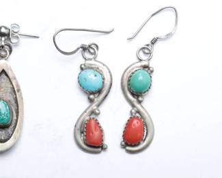 Lot of 3 Vintage Sterling Silver Earrings: Turquoise, Coral, Cowboy Boot, Mexico