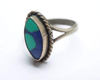 Vintage Native American Sterling Silver Lapis & Turquoise Inlay Ring - Size 8.25