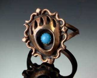 Native American Running Bear Turquoise Bear Claw Ring Copper Plated Sterling Silver