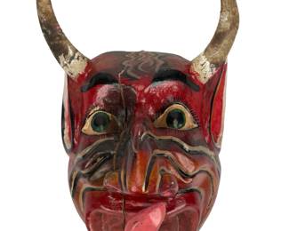 Mexican Folk Art Carved Wood 'Diablo' Devil Mask - Red, Horned, Tongue Out