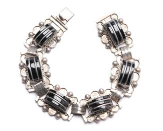 Vintage Mexican Sterling Silver Onyx inlay link Bracelet 7.5in, 35.3g