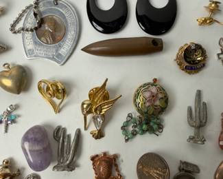 Vintage Costume Jewelry Lot: Pins, Pendants, Coins & Charms - Approx. 50 Pieces