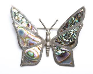 Vintage Mexican Sterling Silver Abalone Butterfly Brooch Pin Marked 925 JRF