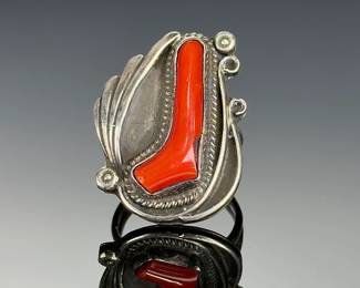 Vintage Native American Silver Coral Ring Size 5.5