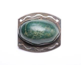 Vintage Mexican Sterling Silver Mottled Green Cabochon Brooch Pin Taxco Style