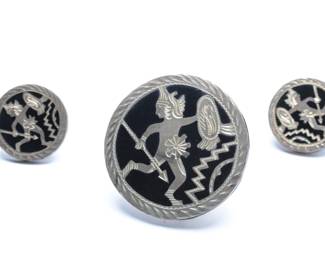 Vintage Mexican Sterling Silver Aztec Warrior Brooch & Clip Earrings Set