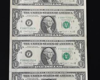 1988 Uncut One Dollar Bill Sheet (4 Notes) - US Federal Reserve Currency