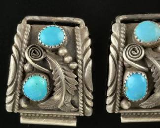 Navajo Sterling Silver Turquoise Watch Tips Native AMERICAN Vintage Signed AJ