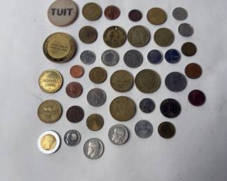 40 Pc World Foreign Currency Coin Lot w/ Casino Tokens & Medallions