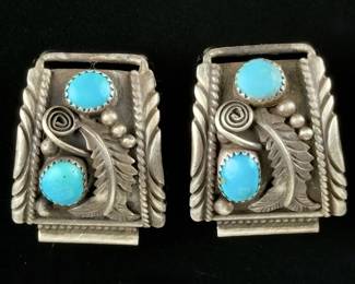 Navajo Sterling Silver Turquoise Watch Tips Native American Vintage Signed AJ