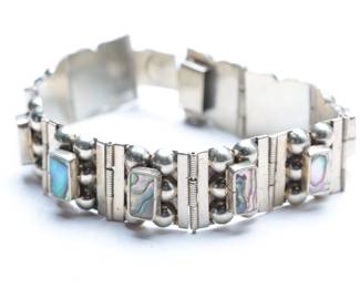 Vintage Mexican Sterling Silver Abalone Hinged Bracelet - Hecho En Mexico