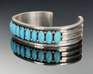 Native American Navajo Paul Livingston Sterling Silver Turquoise Cuff Bracelet