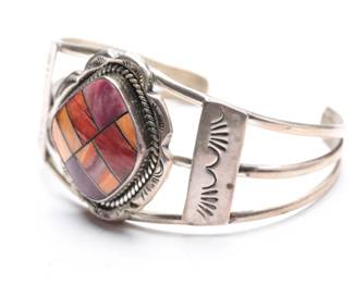 Native American Sterling Silver Spiny Oyster Inlay Cuff Bracelet Signed LT