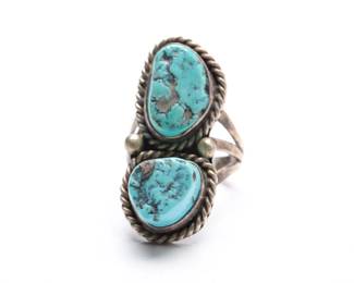 Vintage Navajo Sterling Silver Double Turquoise Native American Ring