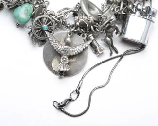 Heavy Vintage Charm Bracelet: Mixed Sterling & Metal Charms, Travel & Novelty