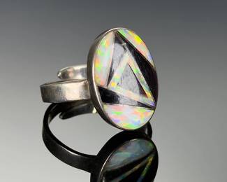 Sterling Silver Multi-Stone Inlay Adjustable Ring Opal Onyx Southwestern Style