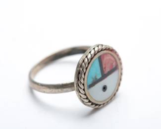 Native American Sterling Silver Sunface Kachina Inlay Ring Size 6.5