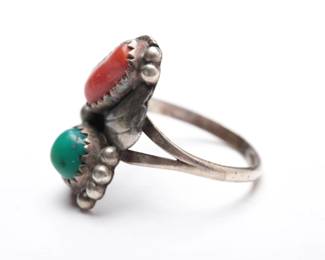 Vintage Navajo Sterling Silver Turquoise & Coral Ring, Signed JJ, Size 7.25
