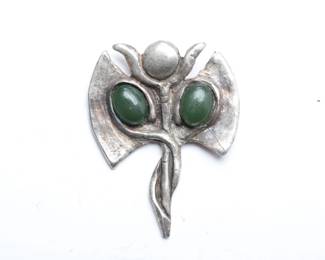 Vintage 1983 Artist Made Silver Abstract Pendant w/ Dark Green Stones
