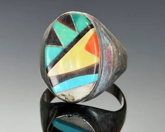 Sterling Silver Multi-Stone Inlay Southwestern Style Ring Signed R&GT