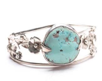 Signed Carolyn Pollack Sterling Silver Turquoise Floral Cuff Bracelet
