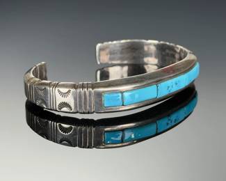 Navajo Sterling Silver Turquoise Channel Inlay Cuff Bracelet Augustine Largo