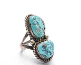 Vintage Navajo Sterling Silver Double Turquoise Native American Ring