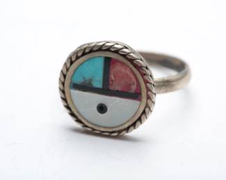 native American Sterling Silver Sunface Kachina Inlay Ring Size 6.5
