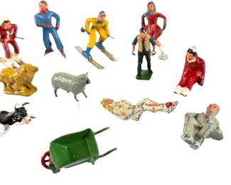 Vintage Britains Style Lead Toy Figures Lot Skiers, Farm Animals