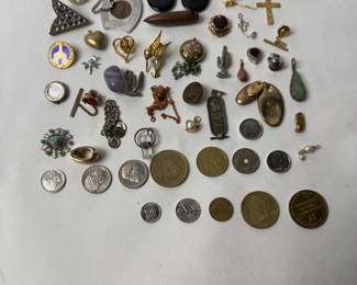Vintage Costume Jewelry Lot: Pins, Pendants, Coins & Charms - Approx. 50 Pieces