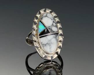 Navajo Dine Sterling Silver White Buffalo Turquoise Inlay Ring Sz 6.25 Signed F