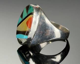 Sterling Silver Multi-Stone Inlay Southwestern Style Ring Signed R&GT