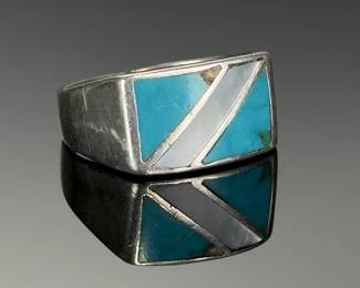 Vintage Silver Turquoise Inlay Rings Lot (2) Signed LG Southwest Style AS-IS