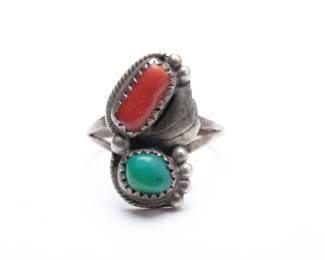 Vintage Navajo Sterling Silver Turquoise & Coral Ring, Signed JJ, Size 7.25