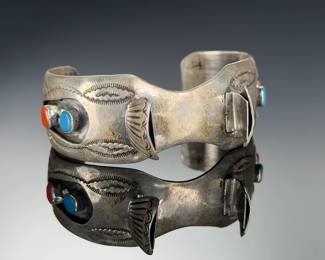 Navajo Silver Turquoise Coral Watch Band Cuff Native American Jewelry