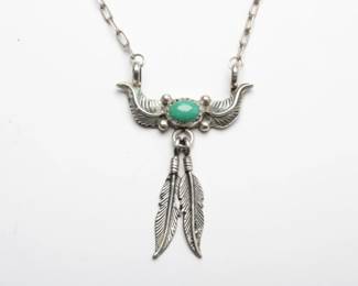 VINTAGE STERLING SILVER TURQUOISE FEATHER PENDANT NECKLACE 925