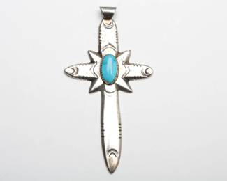 Vintage Navajo Handcrafted Silver Turquoise Cross Pendant 17.28g