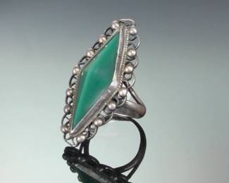Vintage Mexican Sterling Silver Pyramid Cut Green Chalcedony Ring