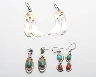 Lot of 3 Vintage Sterling Silver Earrings: Turquoise, Coral, Cowboy Boot, Mexico