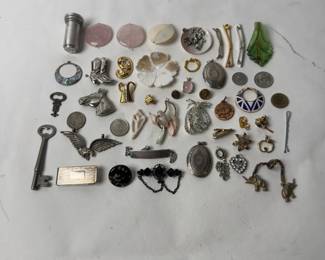 Vintage Costume Jewelry Lot 46 Pcs: Pins, Pendants, Brooches, Lockets, Shell