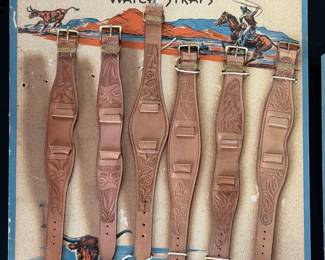 Vintage NOS Western 'Round-Up' Tooled Leather Watch Straps Store Display Lot (11)