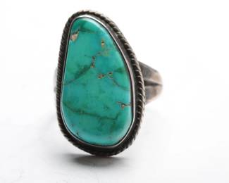 Vintage Native American Turquoise Silver Ring - Size 8.25 - Unmarked